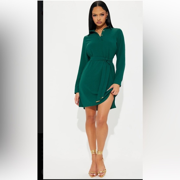 Fashion Nova  NWT Hunter Green Mini Shirt Dress with gold embellishments - Picture 1 of 11